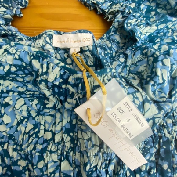 NWT House of Harlow 1960 REVOLVE Blue Ruffle Short Dress S/M Cotton Puff Sleeve - Picture 7 of 13